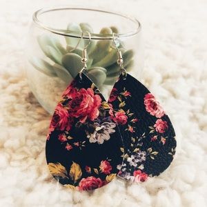 Black and Pink Floral Faux Leather Drop Earrings